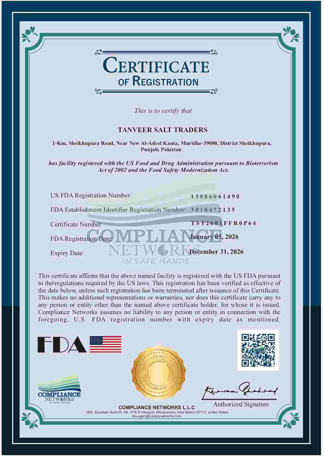 FDA Registration Certificate