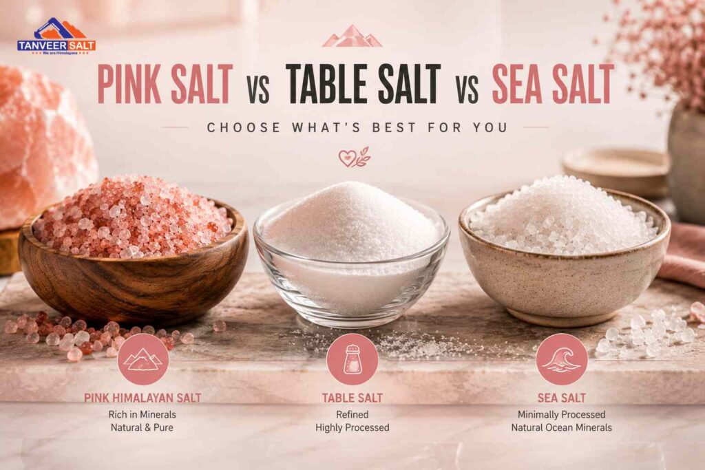 Himalayan Pink Salt Nutrition vs Table Salt vs Sea Salt — Comparison