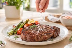 Finishing salt sprinkled over a grilled steak