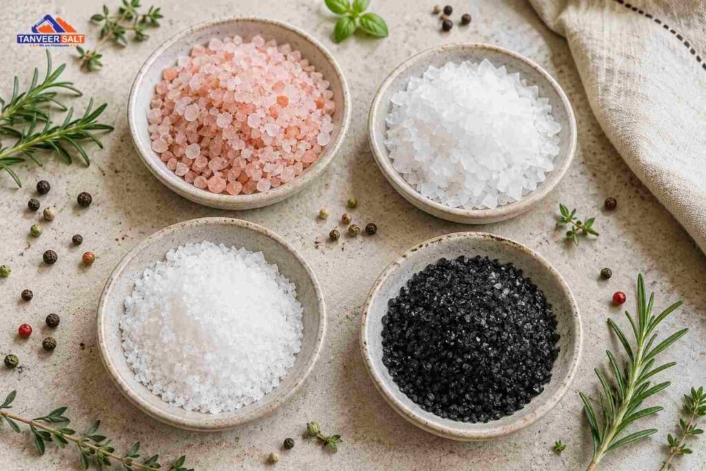 Four types of finishing salt Himalayan pink salt fleur de sel Maldon flakes and black finishing salt