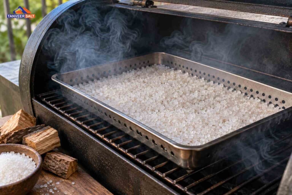 Coarse sea salt being smoked with natural wood in a smoker