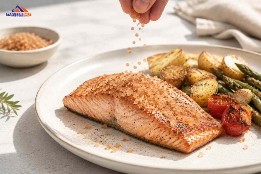 Coarse smoked salt sprinkled over grilled steak as a finishing salt